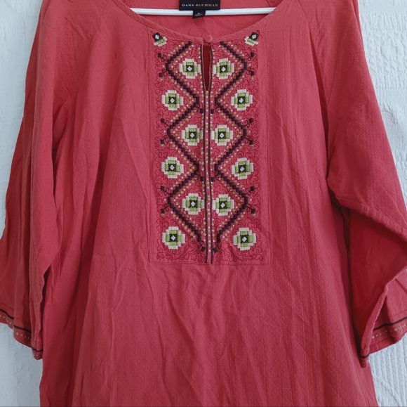 Dana Buchman Red Embroidered Long Tunic Shirt Boho Hippie Coral Cream Light XL - Picture 3 of 12